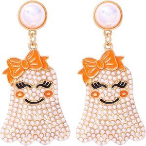 Women Orange Cute Halloween Ghost Beaded Dangle Rhinestone Pearl Earring Jewelry